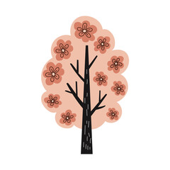 Blossoming Spring Cherry Tree with Pink Flowers and Dark Trunk