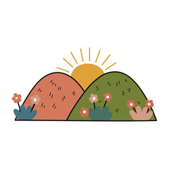 Boho Style Sunset over Rolling Hills with Wildflowers