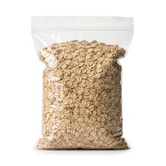 Bag of rolled oats isolated on white background
