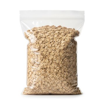 Bag of rolled oats isolated on white background