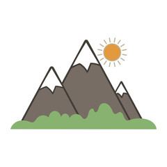 Snowy Mountain Peaks with Sun and Green Forest Meadow