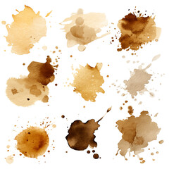 Set of earthy beige and brown watercolor splashes with golden glitter textures