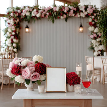 Empty vertical rectangle frame pink rose red hydrangea white carnation wedding table candle floral arrangement romantic elegant