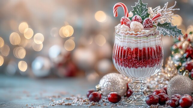 A festive, layered dessert in a glass topped with a candy cane and holiday greenery, surrounded by cranberries and ornaments against a soft, bokeh-lit background.