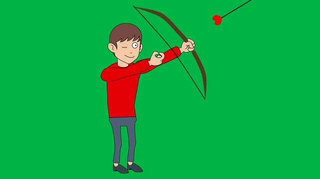 Boy in red shirt aiming bow and arrow on green screen chromakey background. Ideal for 2d animated cartoon animation archery, focus, sport, or adventure targeting scenes in action videos.