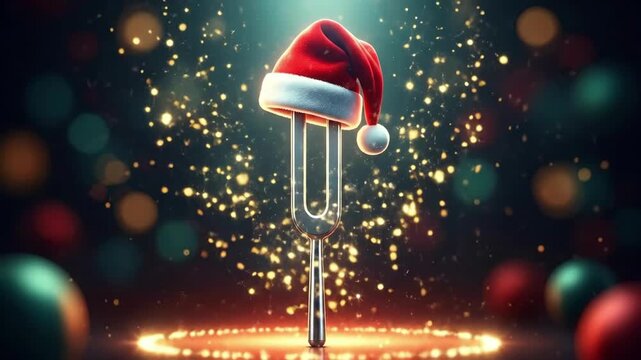Tuning fork wearing a Santa hat. Festive Christmas music and sound concept. Holiday season merriment and celebration.