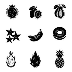 Illustrative image of various exotic fruits: pineapple, banana, mango, kiwi and dragon fruit