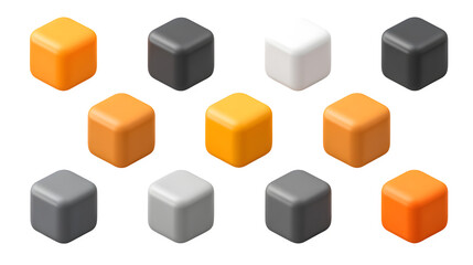 A 3x3 grid of floating cubes with heavily rounded corners in orange, dark grey, light grey, and white colors on a white background
