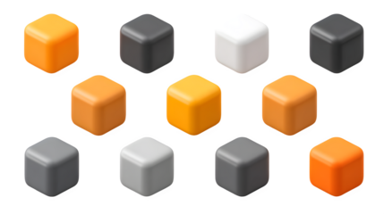 A 3x3 grid of floating cubes with heavily rounded corners in orange, dark grey, light grey, and white colors on a white background