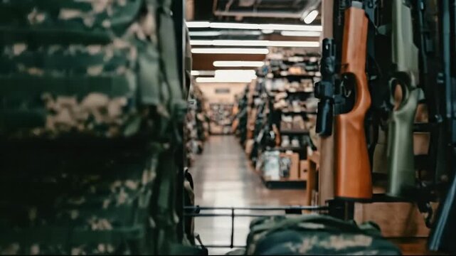A well-organized store featuring military gear and firearms.