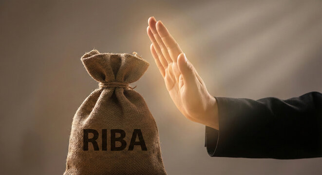 Hand Gesturing Stop to a Sack of Money Labeled "RIBA" with Light Rays