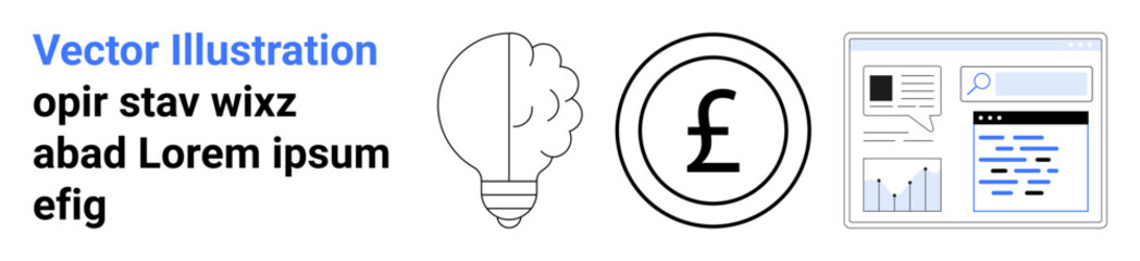 Financial growth, technology innovation, investment, digital analytics, creativity, entrepreneurial ideas. Light bulb, pound sign and analytics dashboard. Financial growth and technology innovation