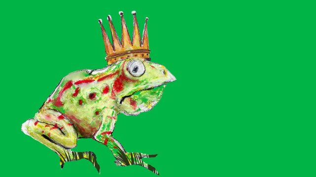 Frog wearing golden crown sitting royally on green screen chromakey background. Suitable for 2d animated cartoon animation fairy tale, prince, or magical transformation scenes.