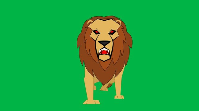 Fierce lion roaring with open mouth on green screen chromakey background. Perfect for 2d animated cartoon animation wildlife, power, or dramatic animal expressions.