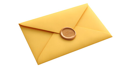 A bright yellow closed envelope with a golden wax seal on a white background, perfect for business or formal correspondence