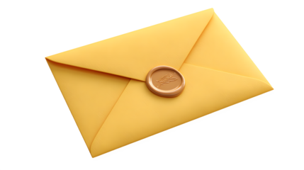 A bright yellow closed envelope with a golden wax seal on a white background, perfect for business or formal correspondence