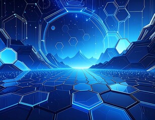 Futuristic digital landscape with hexagonal patterns and a bright light. Features a mountain range and a cosmic-themed backdrop