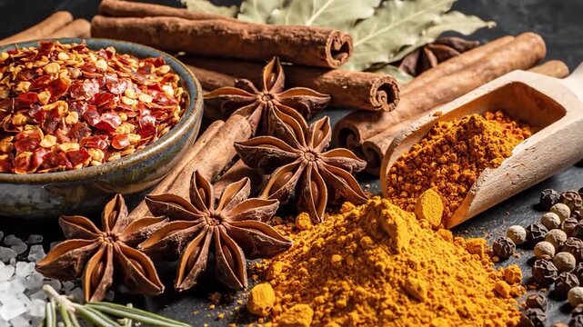 Close-up of aromatic cinnamon sticks and star anise spices used for cooking, seasoning, and Christmas flavor