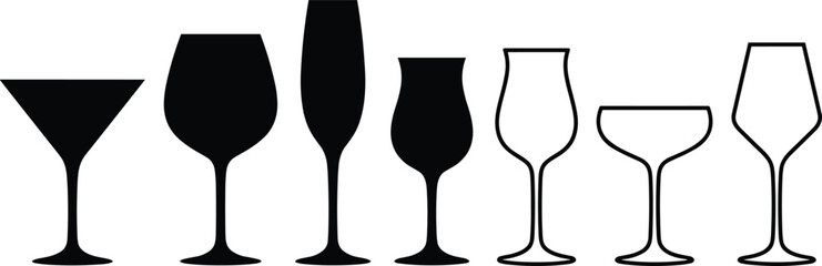Drink glass silhouette set, cocktail wine champagne goblet shapes collection, bar restaurant alcohol vector illustration minimal design