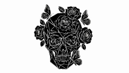 Geometric skull adorned with roses and butterflies, a striking symbol of life and transformation