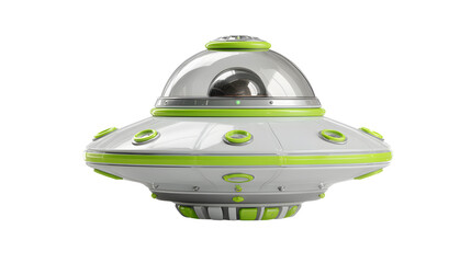A cute ufo spacecraft saucer shape with a glass dome on top, green accents and white background, technology and transport concept
