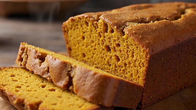Freshly baked pumpkin bread loaf with slices, evoking homey warmth.