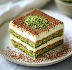 Matcha Tiramisu With Creamy Layers And Green Tea Dusting Served On White Plate
