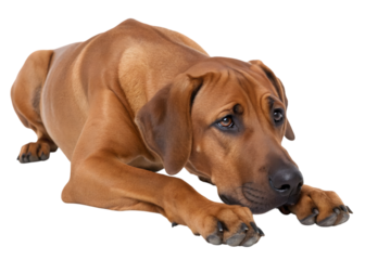 A brown dog with a sad expression lies on a black background