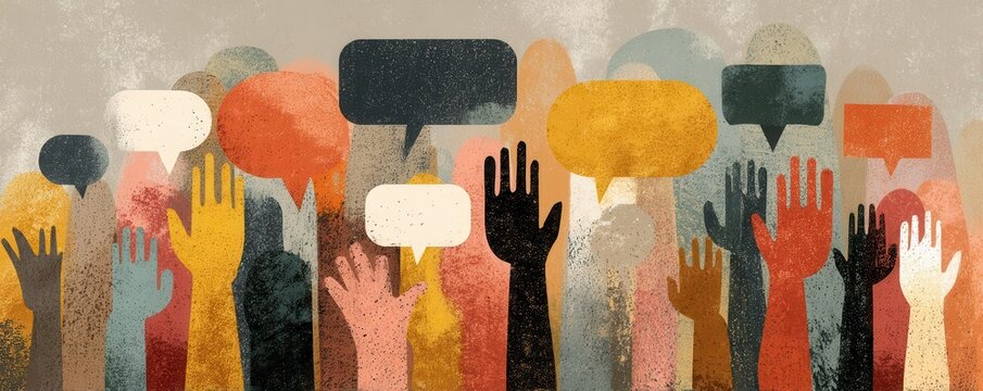 A flat vector illustration of many raised hands with speech bubbles in colorful crowd