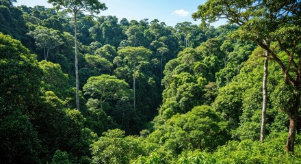Lush, verdant jungle landscape with dense canopy and clear blue sky