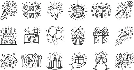 Party celebration line icons set, birthday event symbols, music food drinks gifts fireworks balloons festive vector illustration collection outline minimal