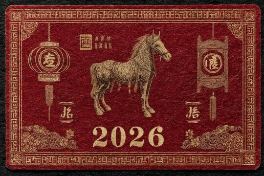 Red card design featuring a golden horse centerpiece and the year 2026 for Chinese New Year celebration