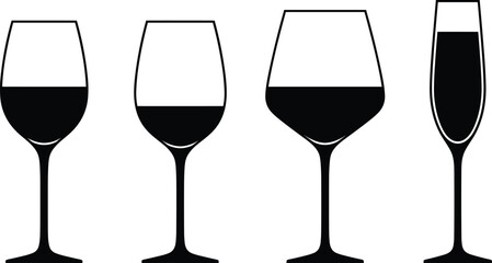Wine glass silhouette set, red wine champagne glasses collection, alcohol drink symbols, bar restaurant vector illustration minimal design