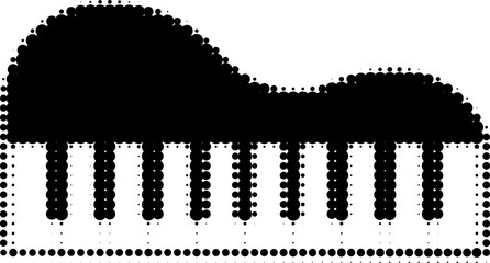 Halftone illustration of piano keys in black and white. Abstract dotted music keyboard symbol for sound, melody, jazz, classical music, education, and creative design projects.