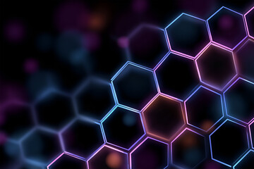 Abstract hexagonal pattern with glowing neon lines in vibrant colors, creating a modern and dynamic visual effect, suitable for technology and design backgrounds