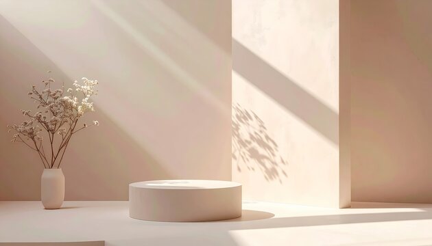 Abstract architecture 3d render of an empty interior gallery space featuring columns and light from a window onto a blank floor for a modern business exhibition background