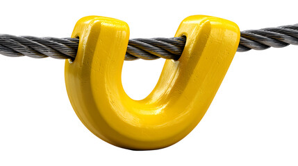 A heavy lifting crane hook with a curved metal shape and matte yellow coating attached to a thick steel cable