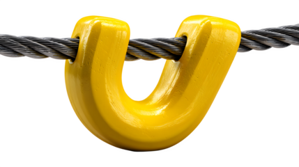 A heavy lifting crane hook with a curved metal shape and matte yellow coating attached to a thick steel cable
