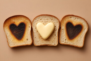Slices of toasted bread with heart shapes, one slice featuring a heart-shaped butter, creating a warm and inviting breakfast scene with a soft background