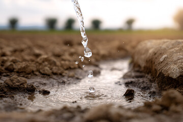 Water droplets falling into a puddle on dry soil, capturing the essence of nature's cycle, with blurred greenery in the background, showcasing the importance of water in agriculture