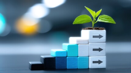 Growth action with plant on stacked blocks indoor setting conceptual image focus on progress and sustainability