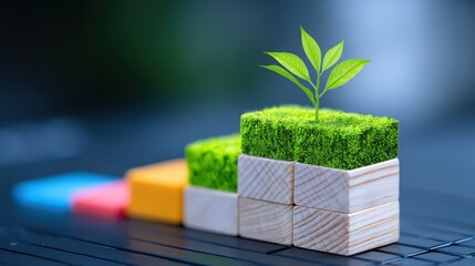 Growth action plant sprouting from creative building blocks indoor office macro photography inspirational environment