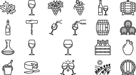 Fototapeta premium Wine making line icons set, vineyard grapes barrels bottles glasses cellar tools vector illustration outline minimal collection design winery alcohol