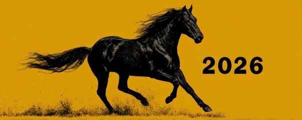 Black horse galloping silhouette on a golden yellow background with 2026 text for branding and design