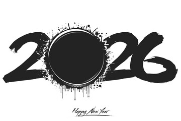 Obraz premium Numbers 2026 and a abstract hockey puck made of blots in grunge style. Design text logo Happy New Year 2026. Template for greeting card, banner, poster. Vector illustration on isolated background