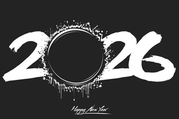 Numbers 2026 and a abstract hockey puck made of blots in grunge style. Design text logo Happy New Year 2026. Template for greeting card, banner, poster. Vector illustration on isolated background