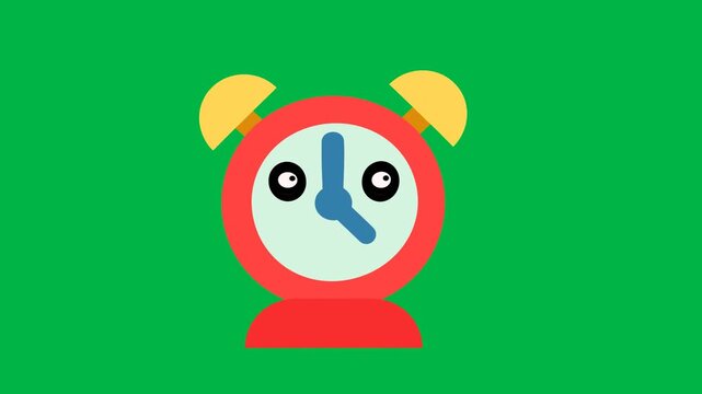 Red alarm clock with worried eyes ringing on green screen chromakey background. Fun for 2d animated cartoon animation panic, time pressure, or funny wake-up expressions.