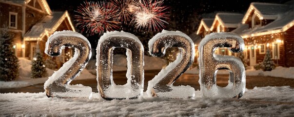 Carved ice numbers 2026 illuminate a snowy night in a festive, decorated suburban street