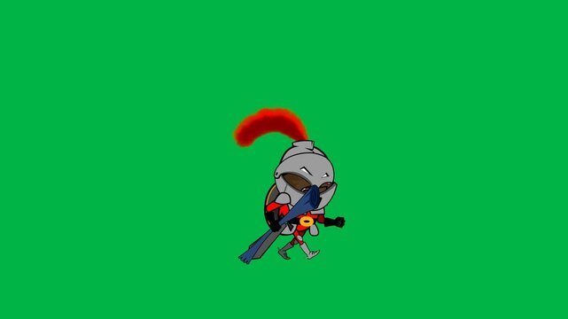 Roman soldier marching with sword and shield on green screen chromakey background. Suitable for 2d animated cartoon animation army, discipline, or historical movement scenes.