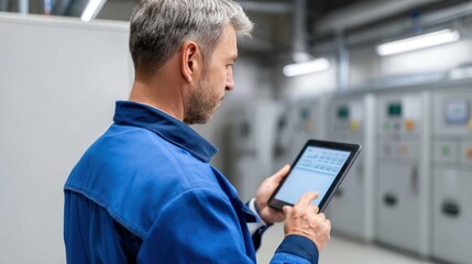 Fototapeta premium Electrical engineer using digital tablet, monitoring and controlling power distribution system